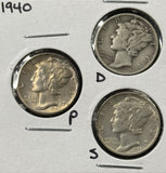 1940-P,D,S  Mercury Head Dimes, Nicely Circulated (29060)