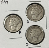 1939-P,D,S  Mercury Head Dimes, Nicely Circulated (29062)