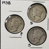 1938-P,D,S  Mercury Head Dimes, Nicely Circulated (29066)