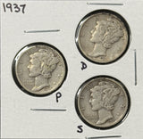 1937-P,D,S  Mercury Head Dimes, Nicely Circulated (29068)