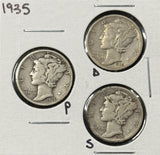 1935-P,D,S  Mercury Head Dimes, Nicely Circulated (29076)