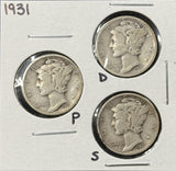 1931-P,D,S  Mercury Head Dimes, Nicely Circulated (29078)