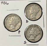 1936-P,D,S  Mercury Head Dimes, Nicely Circulated (29080)