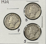 1929-P,D,S  Mercury Head Dimes, Nicely Circulated (29082)