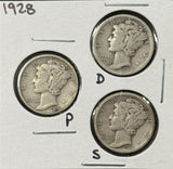 1928-P,D,S  Mercury Head Dimes, Nicely Circulated (29084)