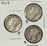 1927-P,D,S  Mercury Head Dimes, Average Circulated (29086)