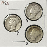 1926-P,D,S  Mercury Head Dimes, Average Circulated (29090)