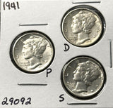 1941-P,D,S  Mercury Head Dimes, Nicely Circulated (29092)