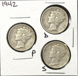1942-P,D,S  Mercury Head Dimes, Nicely Circulated (29094)
