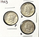 1943-P,D,S  Mercury Head Dimes, Nicely Circulated (29096)