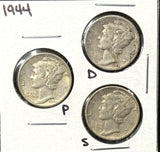 1944-P,D,S  Mercury Head Dimes, Nicely Circulated (29098)