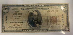 1929 FNB of Algonac MI. $5 #12944 Type 1 National Currency