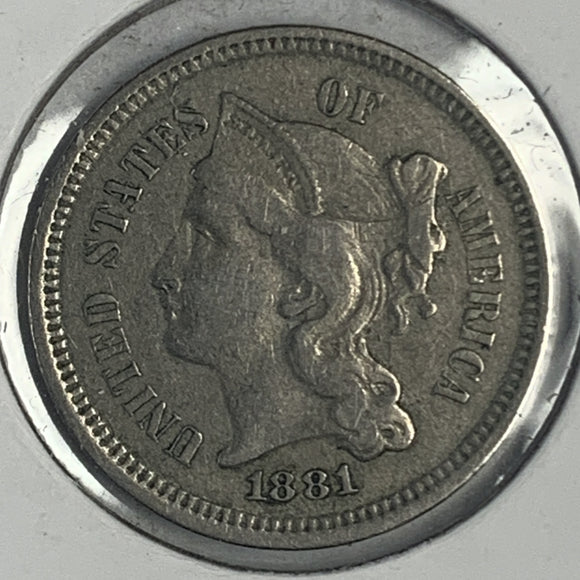 1881 3ct Copper Nickel, VF30
