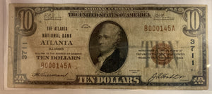 1929 $10 Atlanta NB Atlanta IL. $10 #3711 F+ National Currency