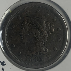 1843 Large Cent, Mature Head, LL, XF