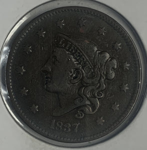 1837 Large Cent, Med Letters, VF