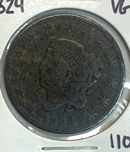 1824 Coronet Head Large Cent, VG
