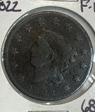 1822 Coronet Head Large Cent, F-12