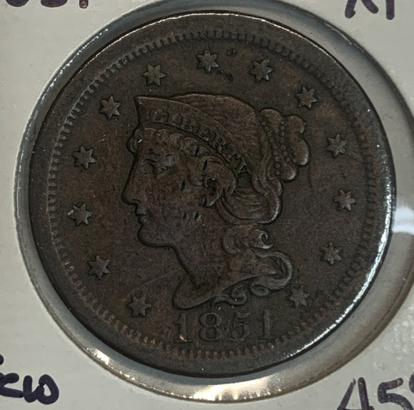 1851 Braided Hair Large Cent, XF