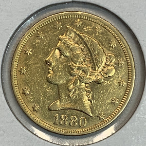 1880 $5 Lib. Gold Half Eagle AU Details