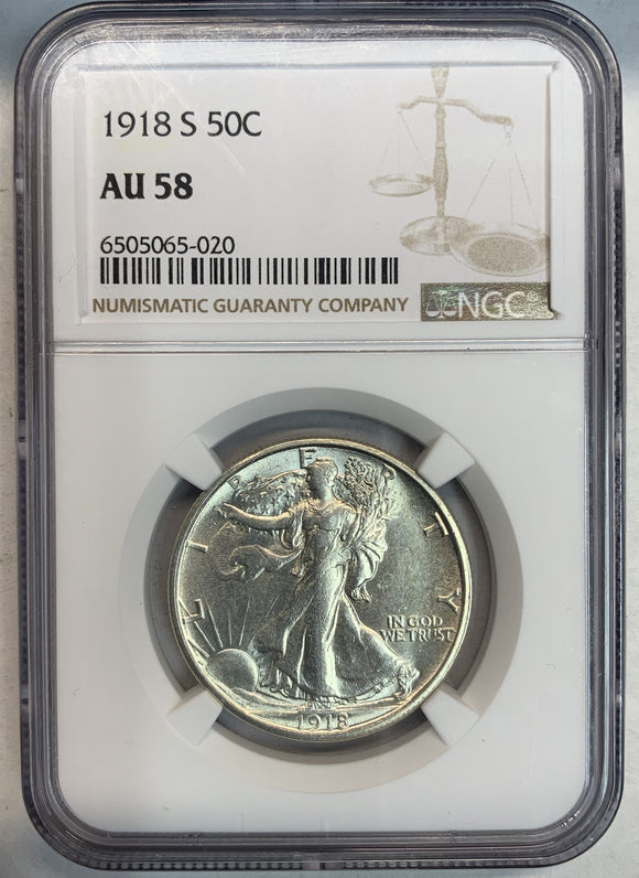 1918-S Walking Liberty Half Dollar, AU 58, NGC