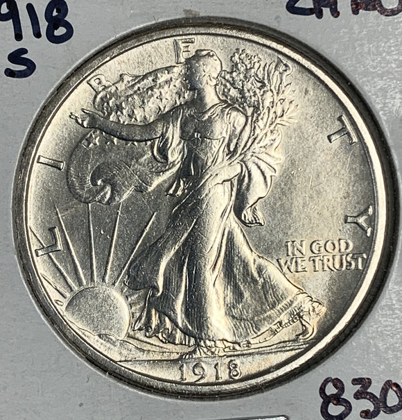 1918-S Walking Liberty Half Dollar, CH AU