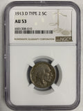 1913-D T-2 Buffalo Nickel, AU-53 NGC