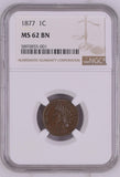 1877 Indian Head Cent, MS62BN NGC. (16974) Key Date