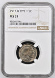 1913-D  Type-1 Buffalo Nickel, MS67 NGC (821897)