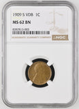 1909 S VDB Lincoln Wheat Cent, MS62BN NGC (16842) Key Date