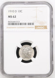 1910-D Barber Dime, MS62, NGC (17058)