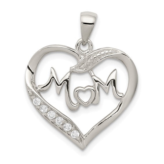 Sterling Silver Rhodium-plated MOM CZ Heart Pendant