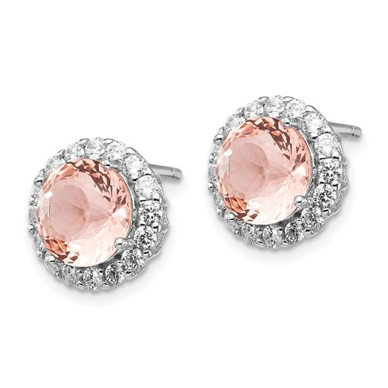 Cheryl M Sterling Silver Rhodium-plated 100 Facet Simulated Morganite and White Brilliant-cut CZ Halo Post Earrings