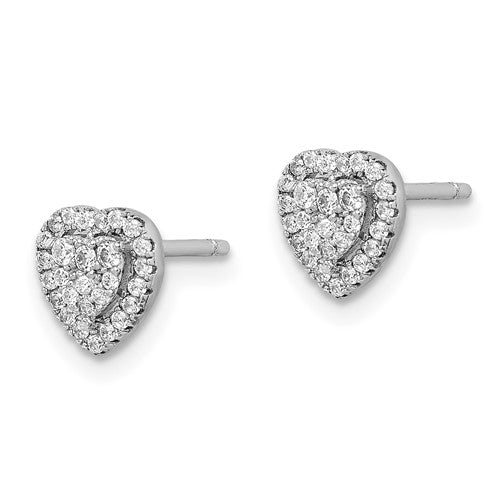 Sterling Silver Rhodium-plated Pave CZ Heart Post Earrings
