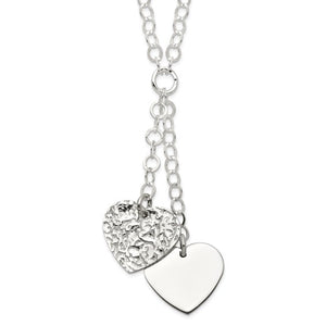 Sterling Silver Polished and Textured 2-Heart Fancy 18 inch Necklace