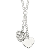 Sterling Silver Polished and Textured 2-Heart Fancy 18 inch Necklace