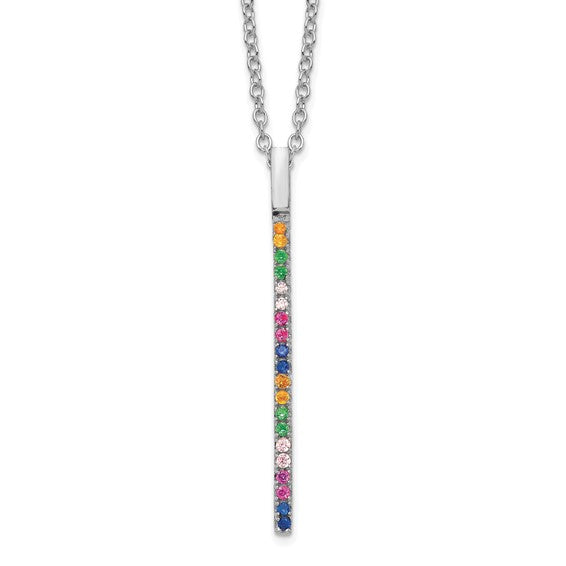 Prizma Sterling Silver Rhodium-plated 16 inch Colorful CZ Vertical Bar Necklace with 2 inch Extender