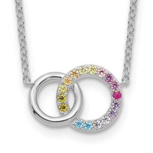 Prizma Sterling Silver Rhodium-plated 16 inch Colorful CZ Intertwined Circle Necklace with 2 inch Extender
