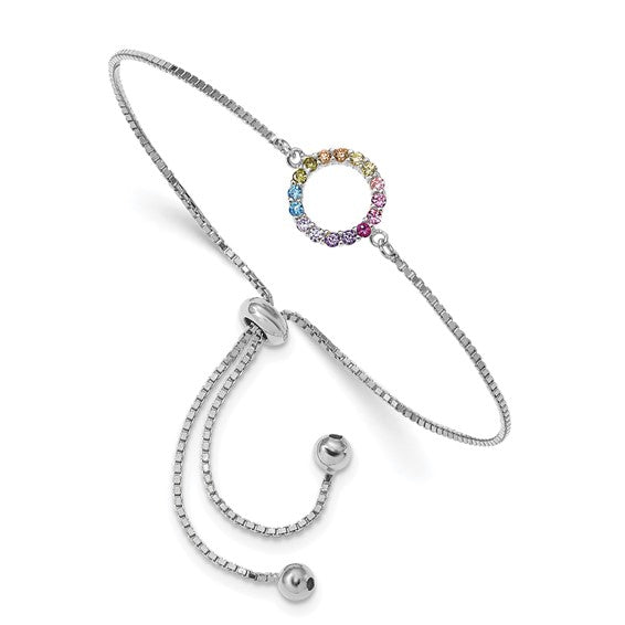 Prizma Sterling Silver Rhodium-plated Colorful CZ Open Circle Adjustable Bolo Bracelet