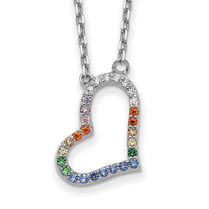 Prizma Sterling Silver Rhodium-plated 16 inch Colorful CZ Heart Necklace with 2 inch Extender