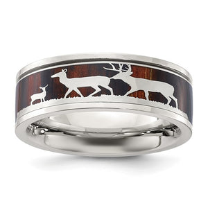 Chisel Stainless Steel Polished with Wood Inlay Deer Design 8mm Band