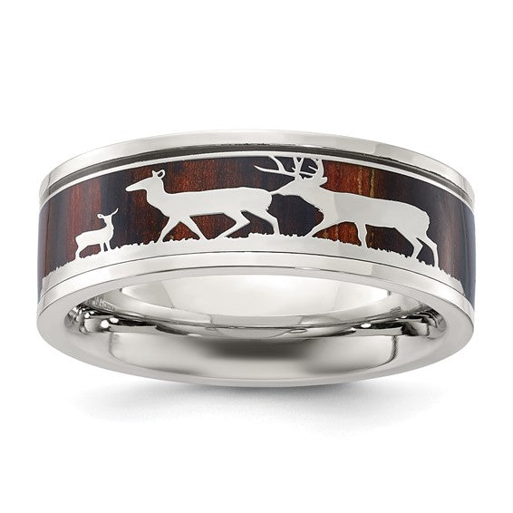 Chisel Stainless Steel Polished with Wood Inlay Deer Design 8mm Band