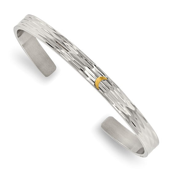 Stainless Steel Polished Yellow IP-plated Hammered Moon Cuff Bangle
