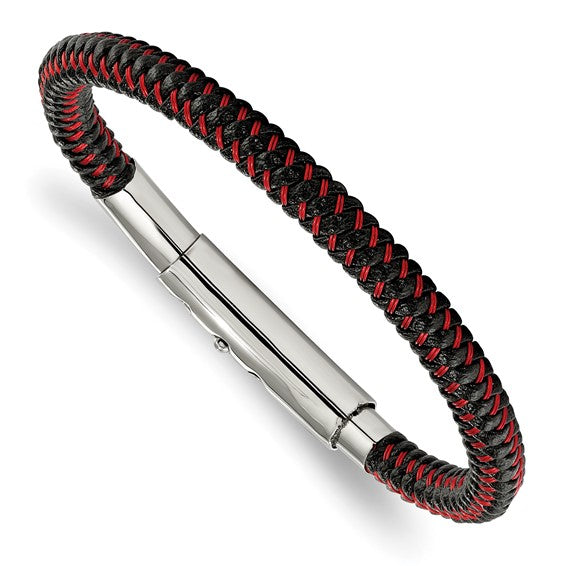 Chisel Stainless Steel Polished Red Wire and Black Polyurethane Adjustable 7.75 to 8.25 inch Bracelet