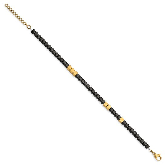 Chisel Stainless Steel Brushed Yellow IP-plated with Square Hematite Beads 7 inch Bracelet with 1.25 inch Extension