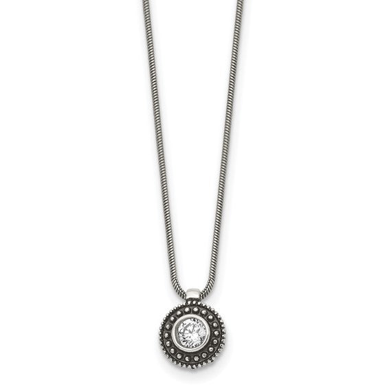 Stainless Steel Antiqued and Polished with CZ Circle 18in Necklace