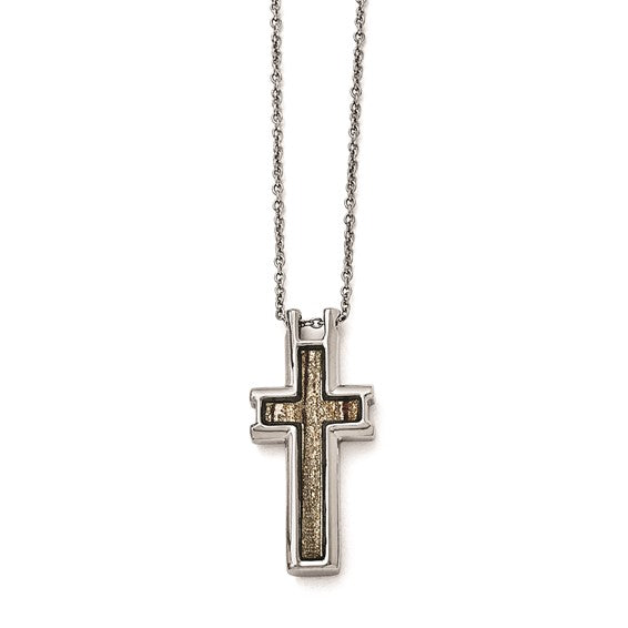 Stainless Steel Polished Cream/Brown Enameled Inlay Cross Necklace