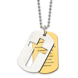 Chisel Stainless Steel Polished Yellow IP-plated 2 Piece Cross Serenity Prayer Dog Tag on a 22 inch Ball Chain Necklace