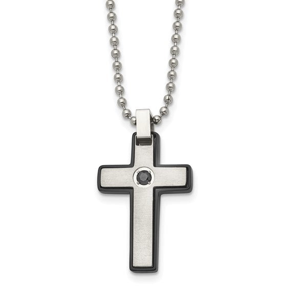 Chisel Stainless Steel Brushed and Polished Black IP-plated CZ Cross Pendant on a 20 inch Ball Chain Necklace