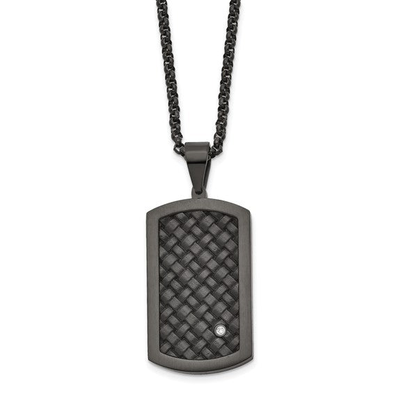 Stainless Steel Brushed Black IP with Black Leather and CZ Dog Tag Necklace